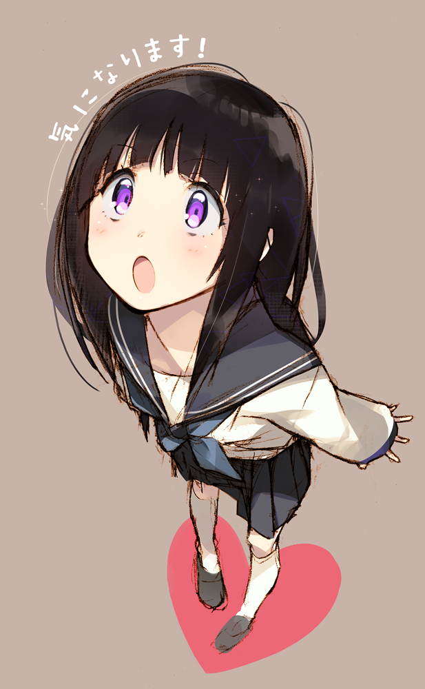 1girl, black_hair, chitanda_eru, hyouka, iku_ki, long_hair, open_mouth, school_uniform, serafuku, skirt, solo, violet_eyes