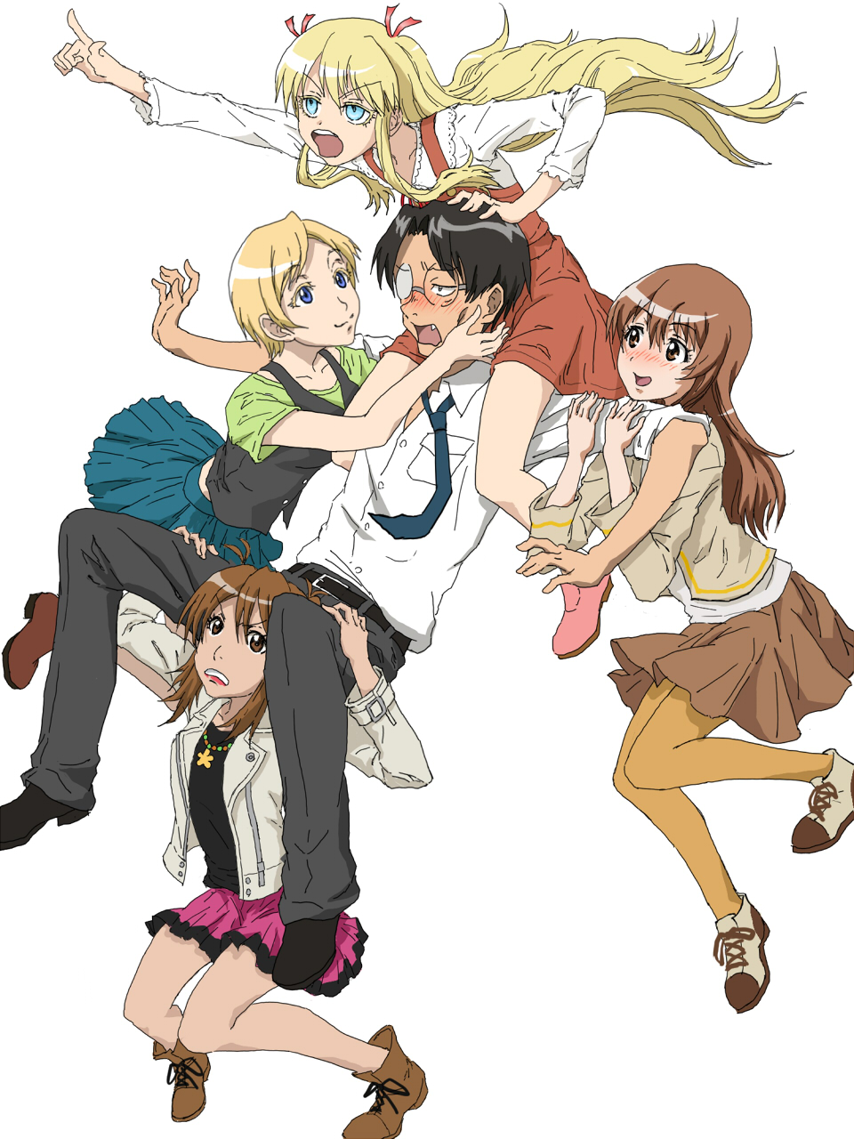 2boys, 3girls, angela_burton, black_hair, blonde_hair, blue_eyes, blush, brown_eyes