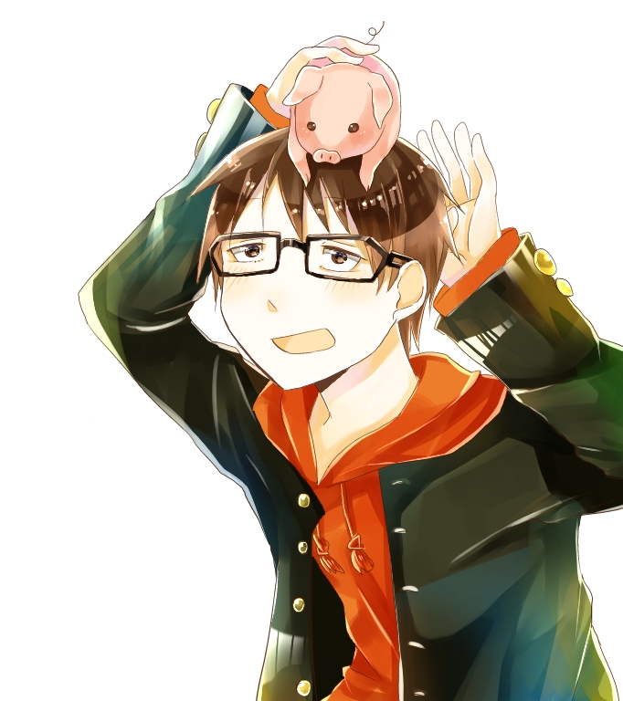 1boy, animal, brown_eyes, brown_hair, furantyanremiria, gin_no_saji, glasses, hachiken_yuugo