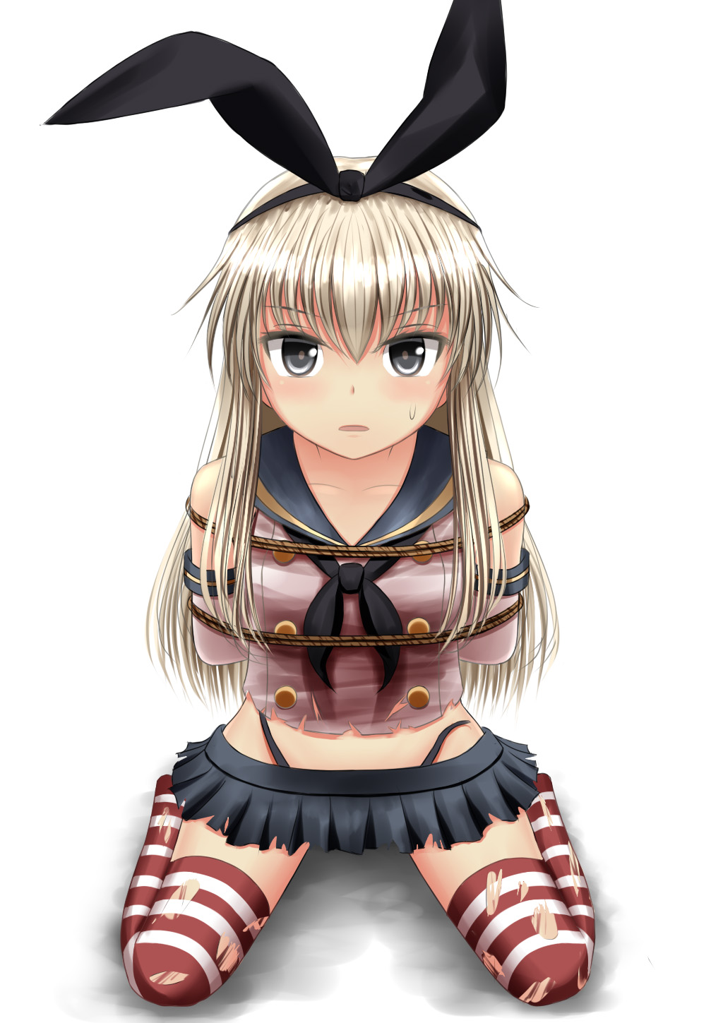 1girl, arms_behind_back, black_panties, blonde_hair, bound_arms, collarbone, detached_sleeves, gin_fuaru, grey_eyes, hair_ribbon, highres, kantai_collection, long_hair, looking_at_viewer, microskirt, panties, parted_lips, personification, ribbon, rope, sailor_collar, shadow, shimakaze_(kantai_collection), simple_background, sitting, skirt, solo, striped, striped_legwear, sweatdrop, thigh-highs, torn_clothes, underwear, wariza, white_background