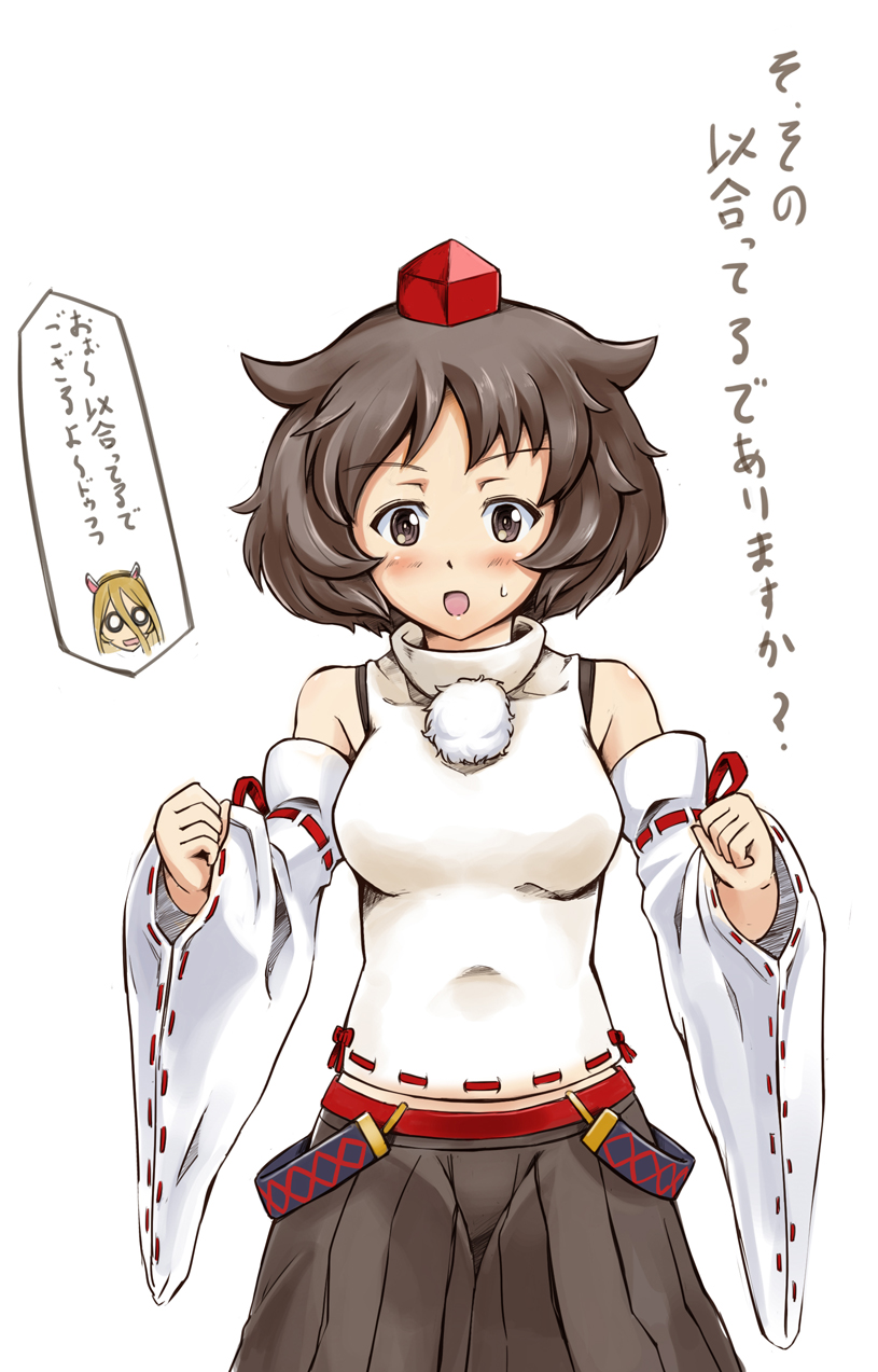 akiyama_yukari, animal_ears, belt, blush, breasts, brown_eyes, brown_hair, clenched_hands