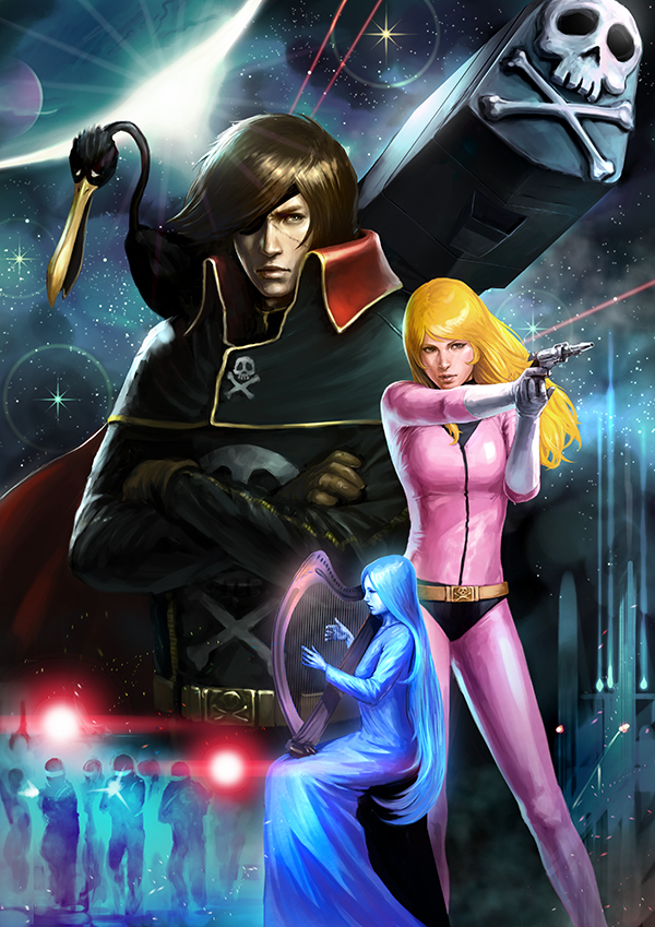 blonde_hair, brown_hair, character_request, claire, ginga_tetsudou_999, harlock, harlock_saga, harp