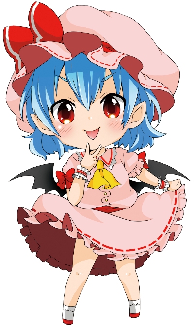 1girl, ascot, bat_wings, berry_jou, blue_hair, blush, bow, chibi