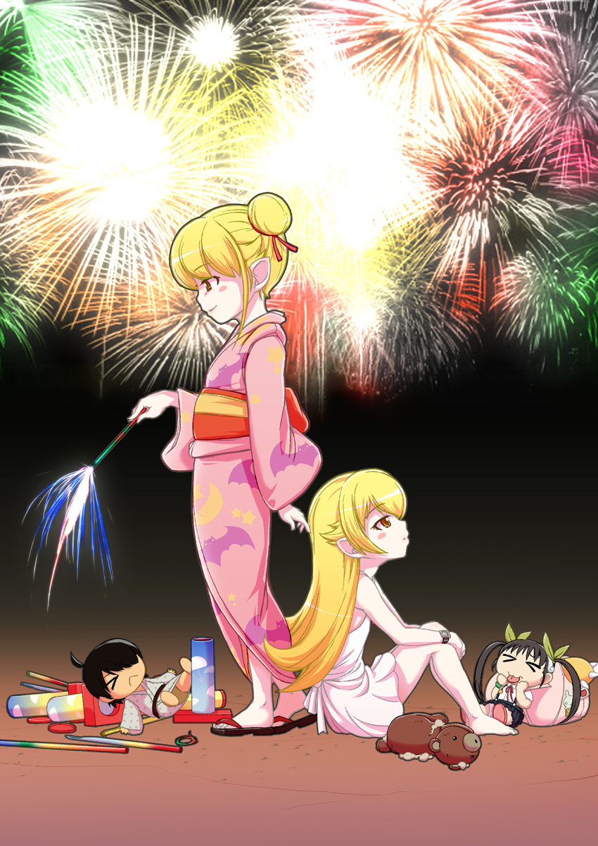>_<, ahoge, araragi_koyomi, backpack, bag, barefoot, bat_print, blonde_hair