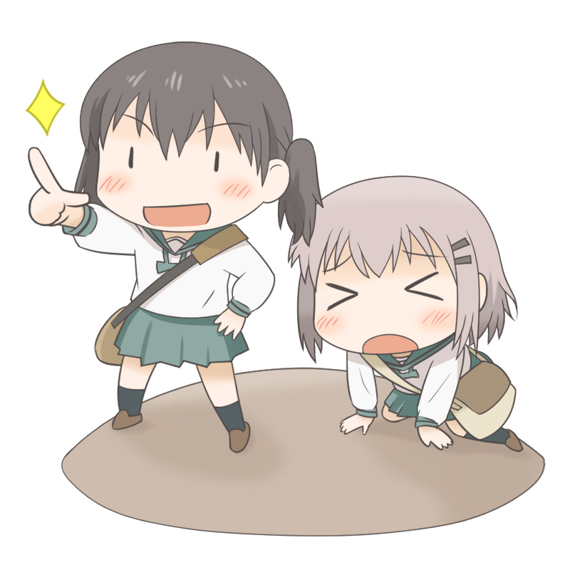 >_<, 2girls, bag, black_hair, blush, chibi, denden, diamond, grey_hair, hair_ornament, hinata_(yama_no_susume), multiple_girls, open_mouth, pointing, pointing_forward, school_uniform, yama_no_susume, yukimura_aoi, |_|
