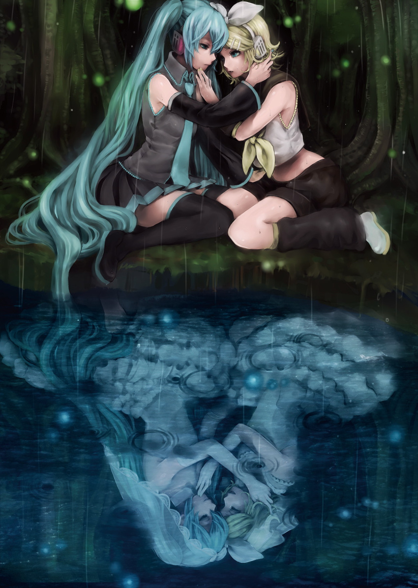 2girls, aqua_hair, blonde_hair, boots, detached_sleeves, elbow_gloves, gloves, hair_ornament, hairclip, hatsune_miku, headphones, highres, kagamine_rin, leg_warmers, long_hair, meriko, midriff, multiple_girls, necktie, rain, reflection, sitting, skirt, thigh_boots, thighhighs, very_long_hair, vocaloid