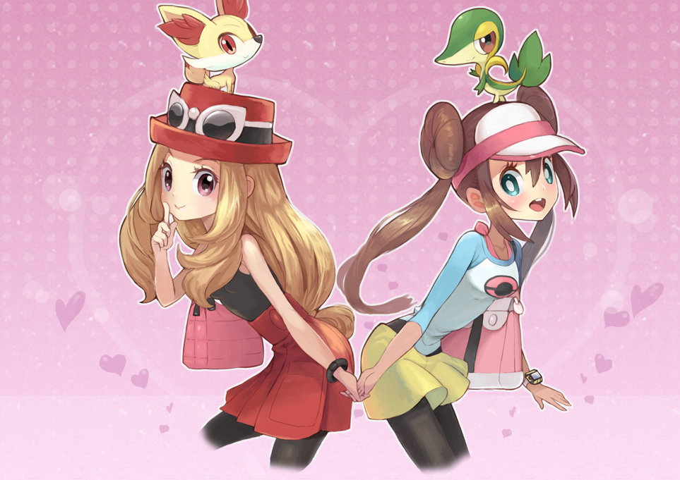 2girls, amg192003, bag, bare_shoulders, blue_eyes, brown_hair, double_bun, fennekin