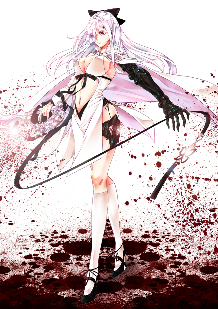 blood, breasts, chikage_(blackclownery), drag-on_dragoon_3, flower, gauntlets, hair_ornament, hairclip