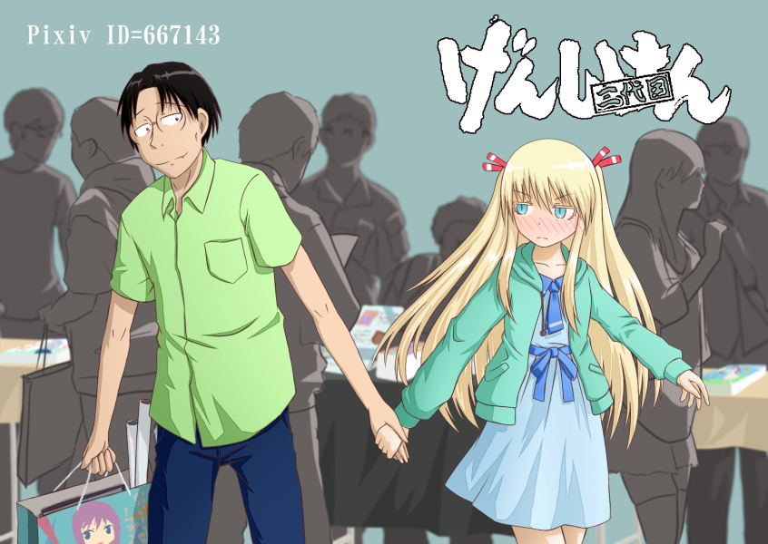 1boy, 1girl, blonde_hair, blue_eyes, blush, dress, fang, genshiken