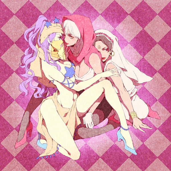 3girls, akizuki_hakuto, breasts, cleavage, dancer, dark_skin, earrings, hood