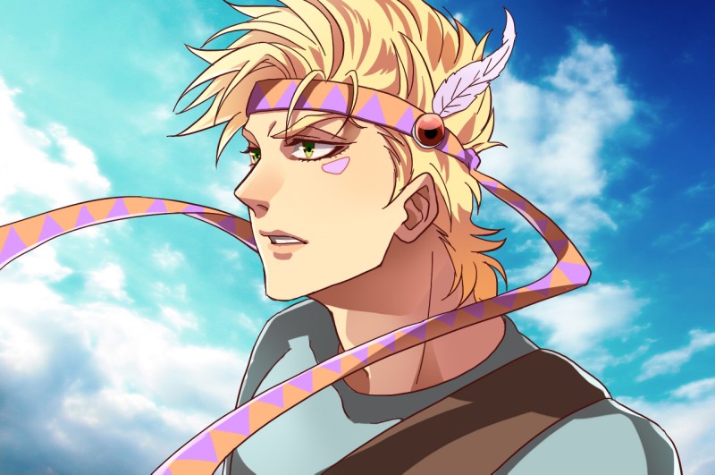 1boy, almightyx124, blonde_hair, caesar_anthonio_zeppeli, facial_mark, feathers, fingerless_gloves, gloves