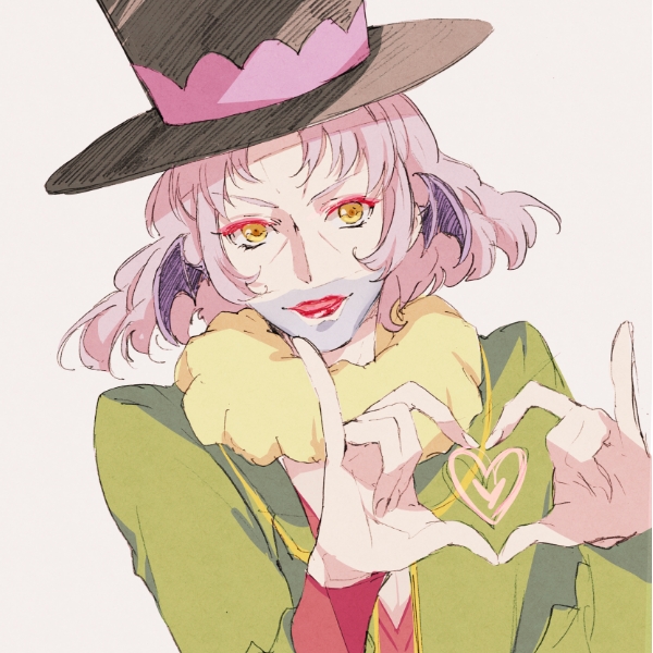 1boy, chiyo_(rotsurechiriha), dokidoki!_precure, hat, head_wings, heart, heart_hands, leva_(dokidoki!_precure), lipstick, makeup, precure, short_hair, simple_background, solo, yellow_eyes