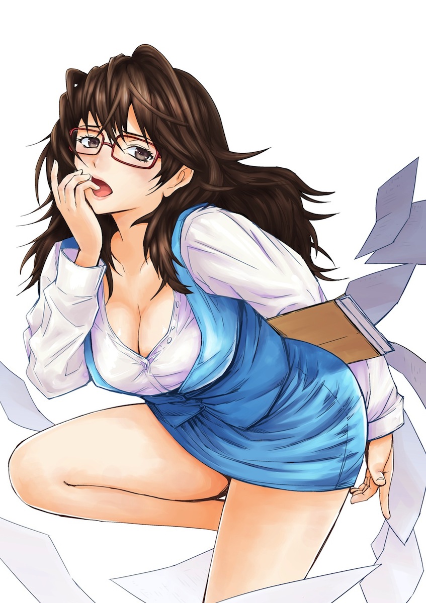 bare_legs, breasts, brown_eyes, brown_hair, cleavage, envelope, finger_to_mouth, glasses