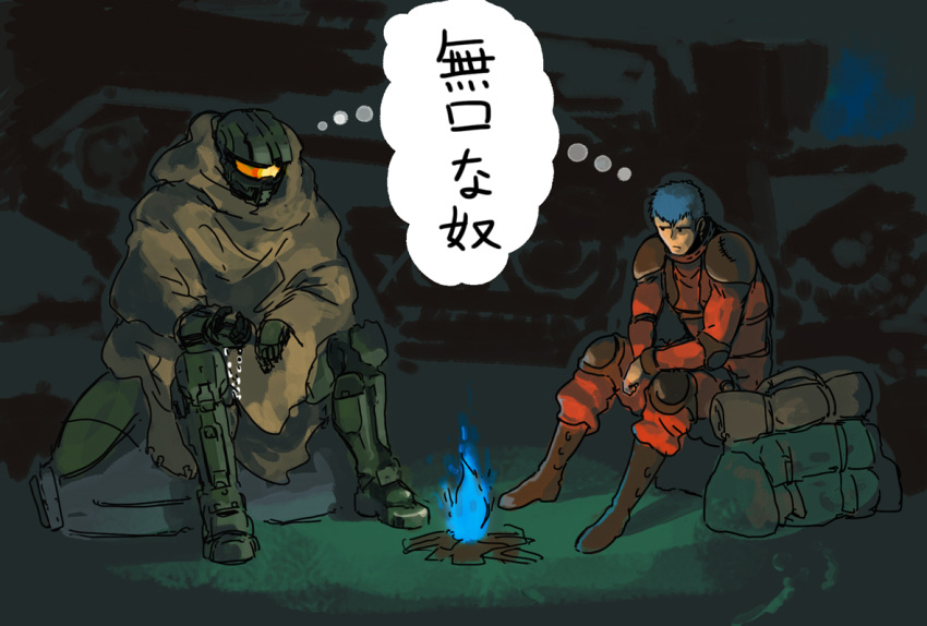 2boys, backpack, bag, blue_hair, boots, campfire, chirico_cuvie, cloak