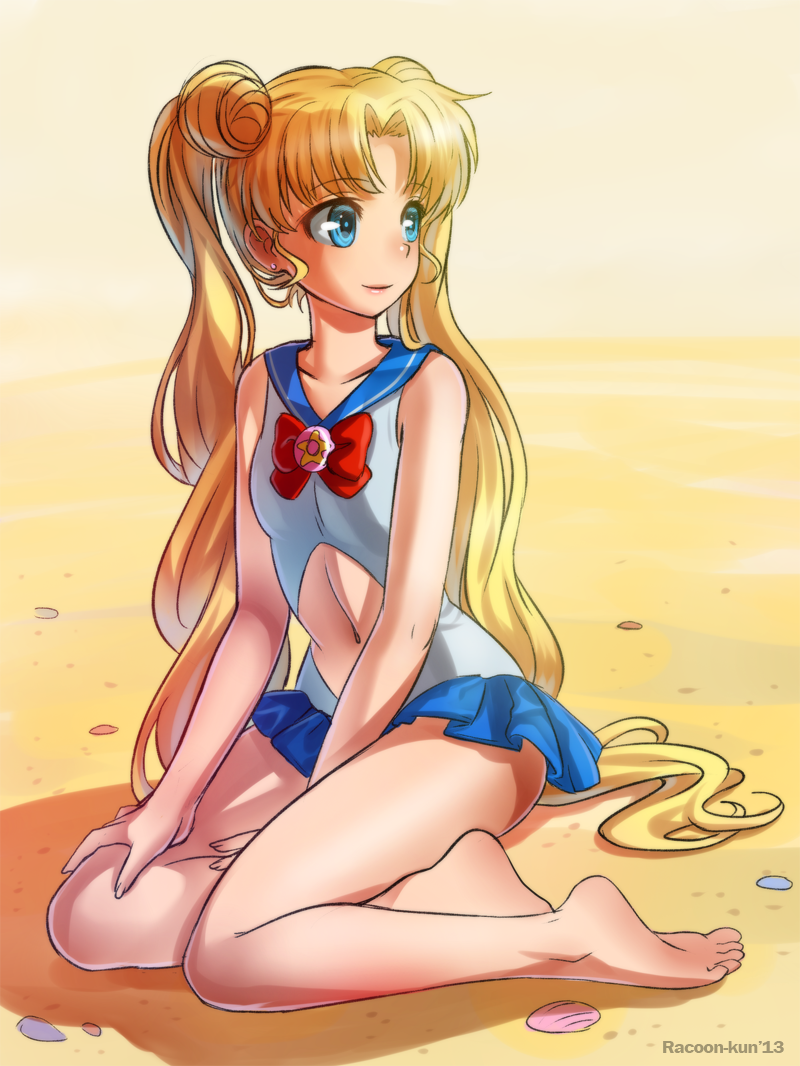1girl, adapted_costume, bishoujo_senshi_sailor_moon, blonde_hair, blue_eyes, double_bun, long_hair, one-piece_swimsuit