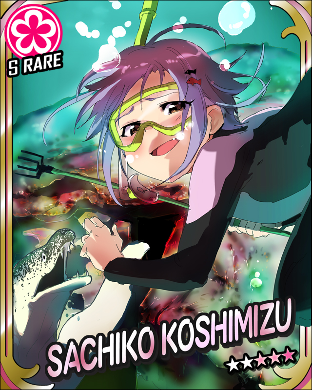 1girl, brown_eyes, cinderella_girls_card_parody, diving, diving_mask, fang, grey_hair, idolmaster
