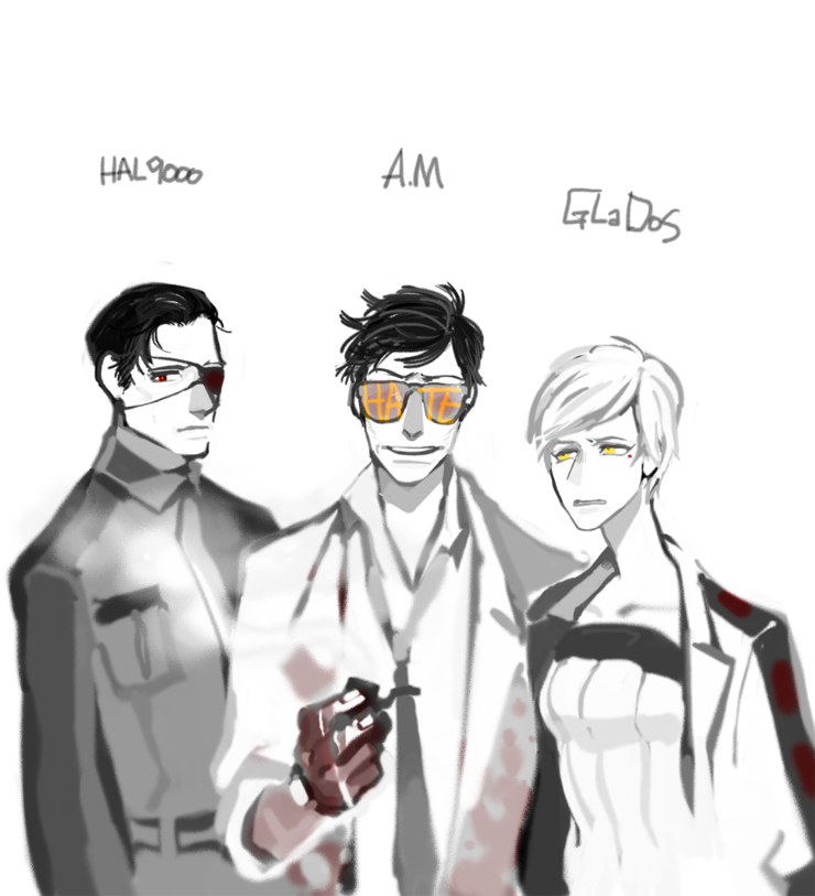 1girl, 2boys, am, annoyed, black_hair, blood, crossover, evil_grin