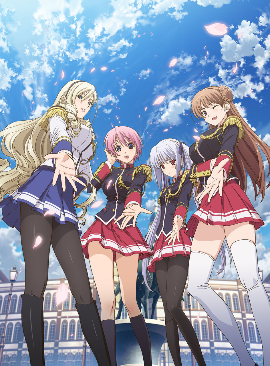 4girls, black_legwear, black_pantyhose, blonde_hair, blue_eyes, blue_skirt, blue_sky, boots