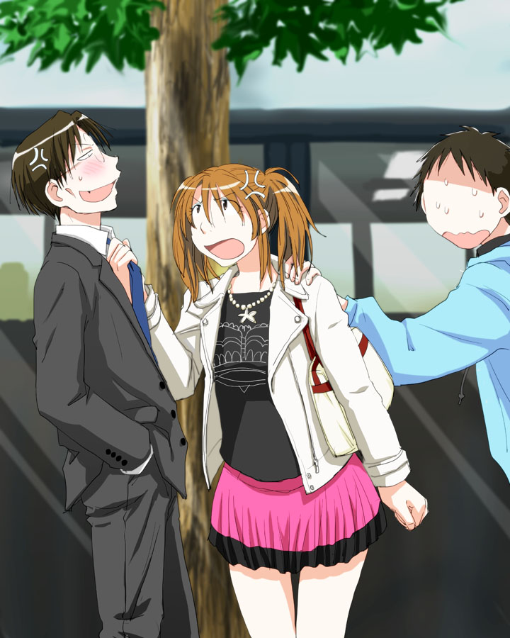 1girl, 2boys, anger_vein, angry, black_hair, blush, brown_hair, building, embarrassed, fang, genshiken, glasses, hands_in_pocket, holding_tie, jacket, madarame_harunobu, miniskirt, multiple_boys, otaku, otary_man, sasahara_kanji, sasahara_keiko, siblings, skirt, sweat, tree, wavy_mouth, window