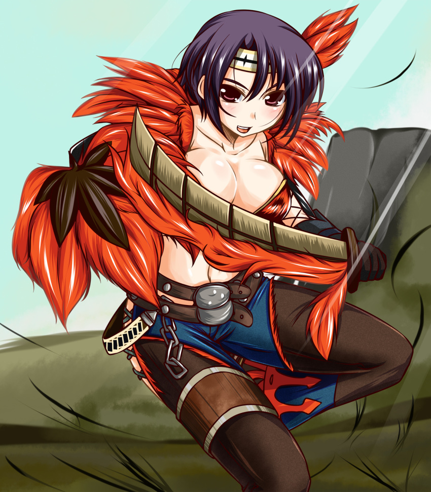 1girl, belt, blue_hair, breasts, chain, cleavage, hachimaki, headband