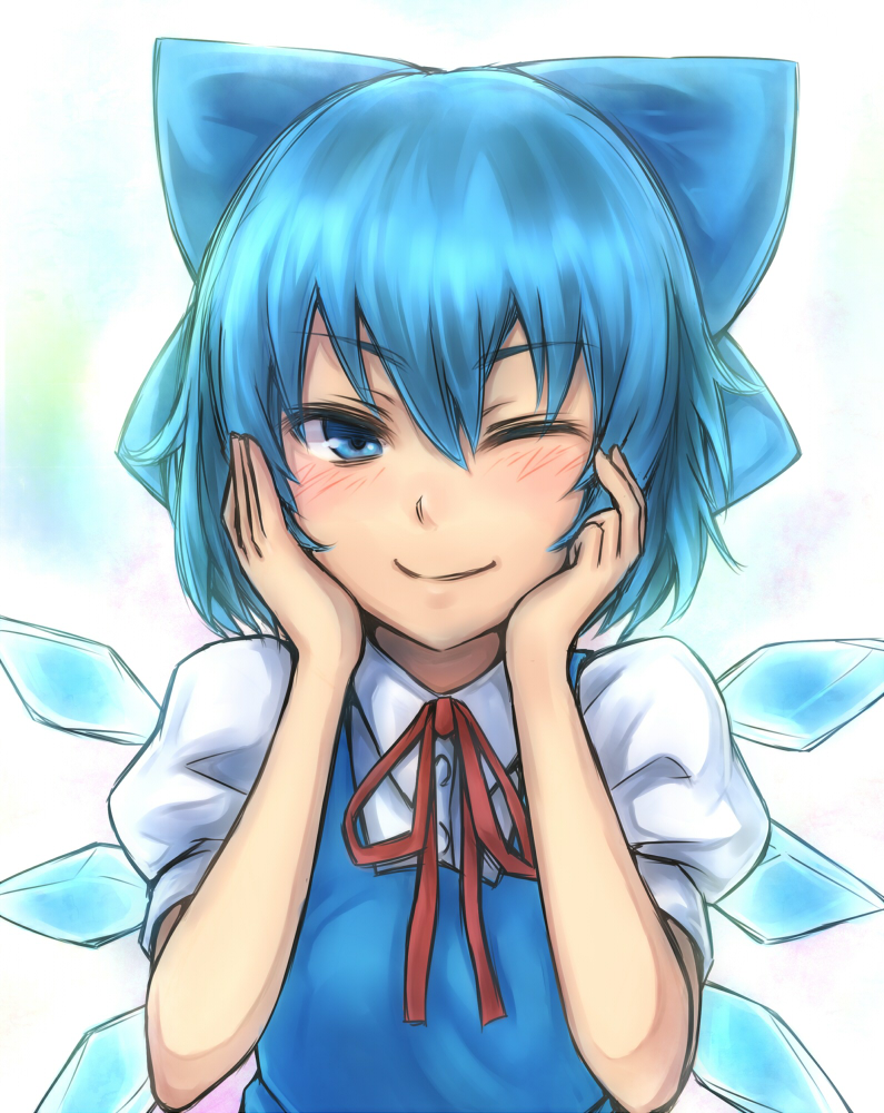 1girl, ;), blue_eyes, blue_hair, blush, bow, bust, cirno