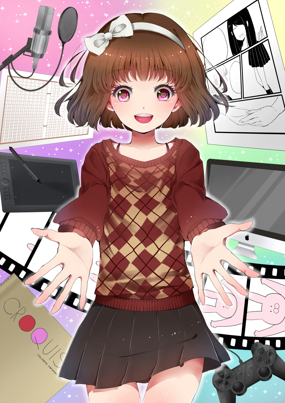 1girl, brown_hair, controller, film_strip, game_controller, hair_ribbon, hairband, heart