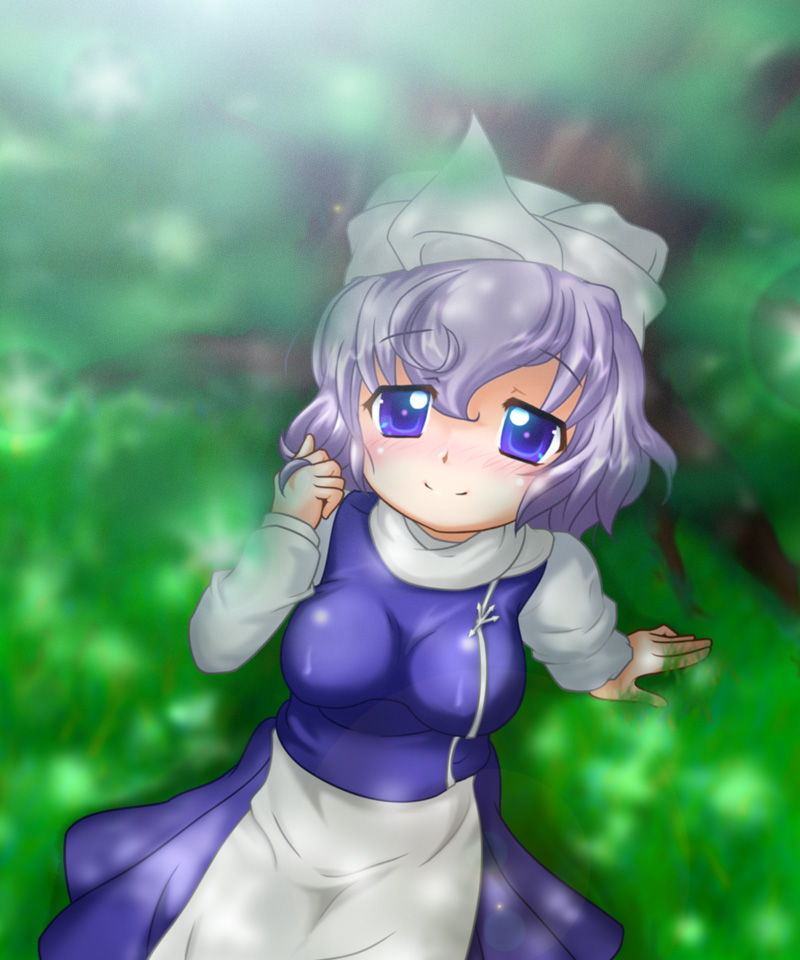 1girl, apron, blue_eyes, blush, breasts, fujimiya_kikyou, grass, hat