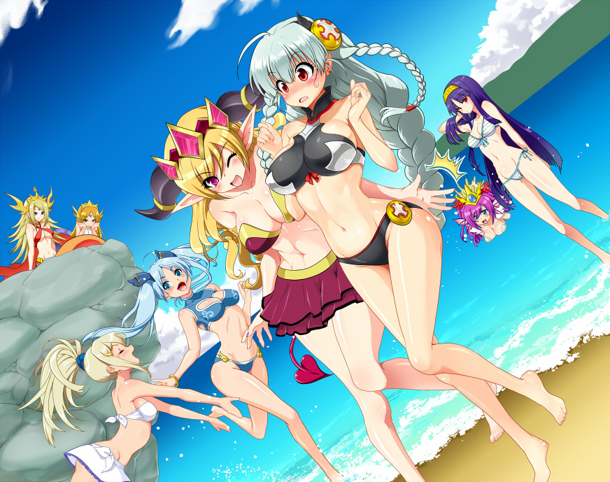 /\/\/\, 6+girls, ahoge, animal_ears, bikini, bikini_top, blonde_hair, blue_eyes