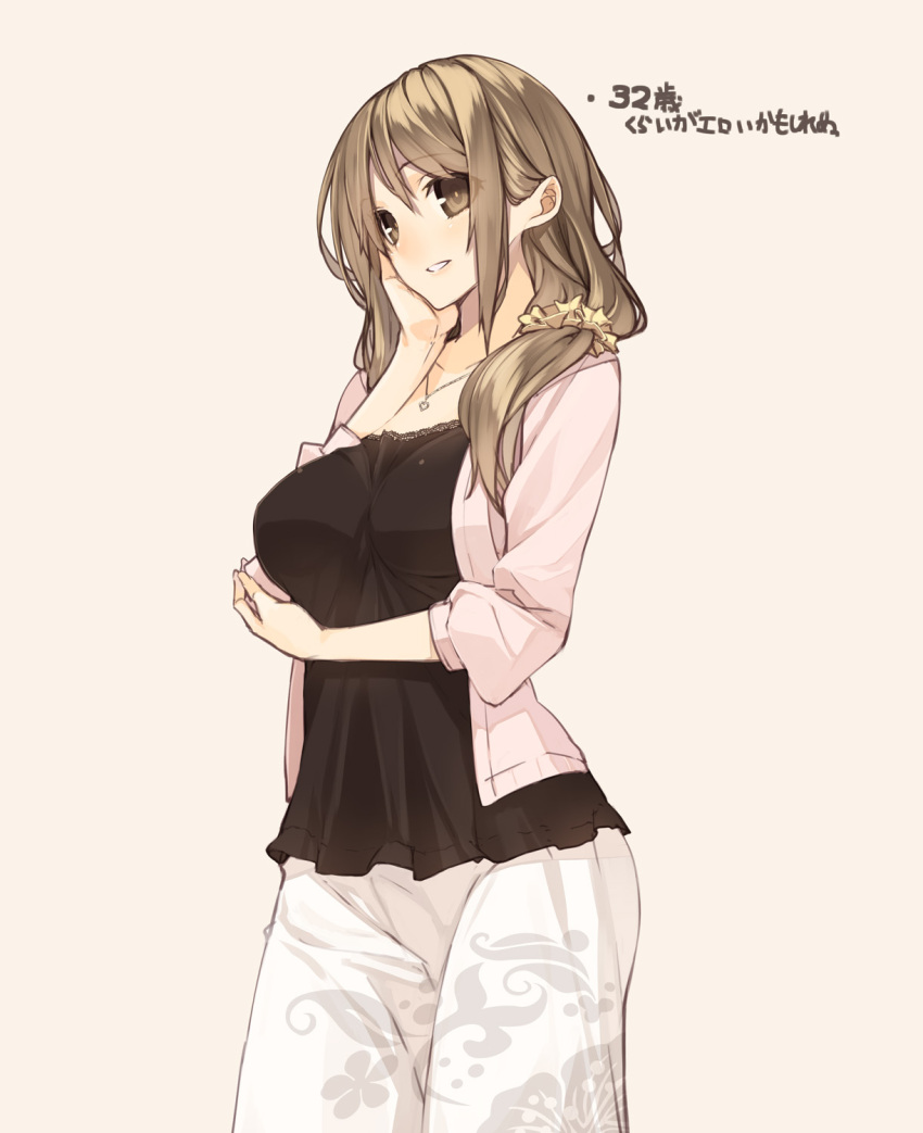 1girl, blush, breasts, brown_eyes, brown_hair, highres, jewelry, large_breasts