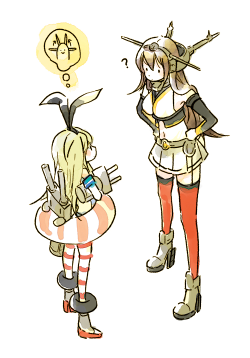 ._., 2girls, ?, blonde_hair, brown_hair, elbow_gloves, fukusha, gloves