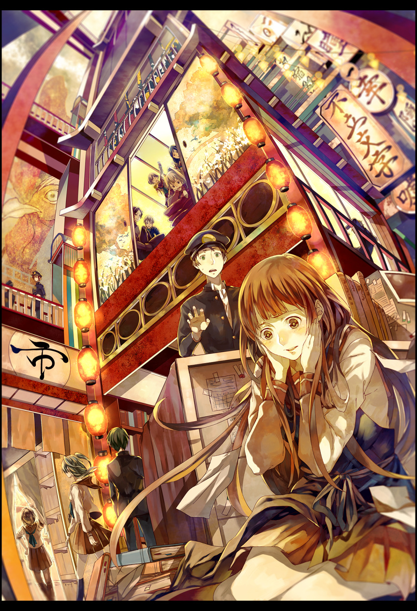 6+boys, 6+girls, amemiya_shia, architecture, bangs, black_hair, black_legwear, blunt_bangs
