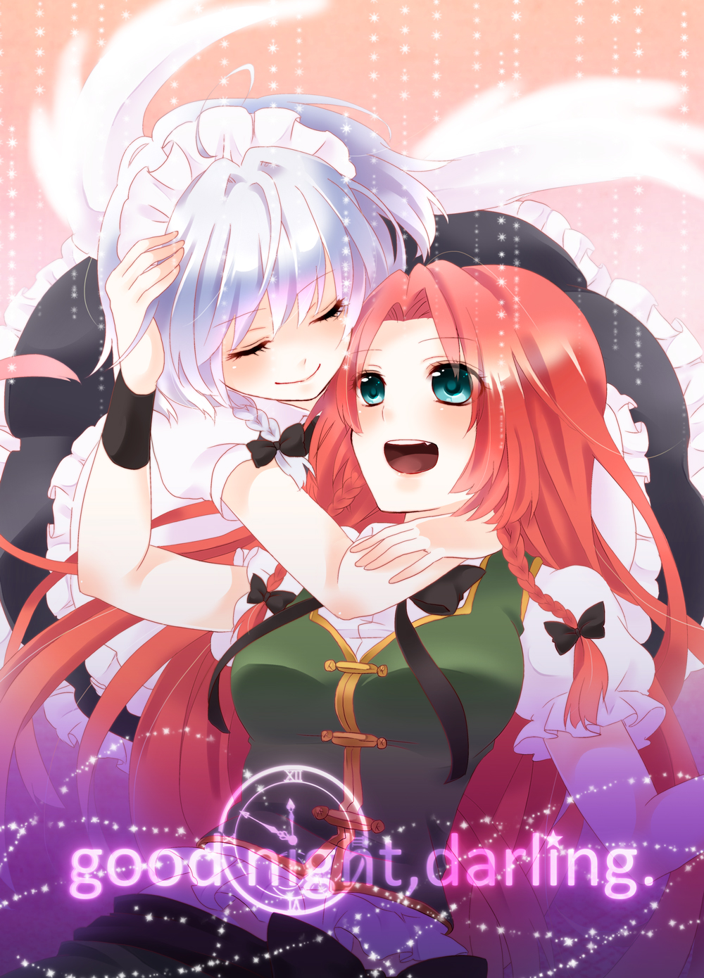 2girls, apron, aqua_eyes, braid, chitose_(usacan), clock, closed_eyes, cover, cover_page, doujin_cover, english, hand_on_another's_face, highres, hong_meiling, hug, hug_from_behind, izayoi_sakuya, maid_headdress, multiple_girls, no_hat, redhead, touhou, twin_braids, white_hair, yuri