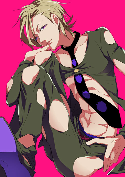 1boy, blonde_hair, formal, jojo_no_kimyou_na_bouken, midriff, necktie, pannacotta_fugo, pipipi69