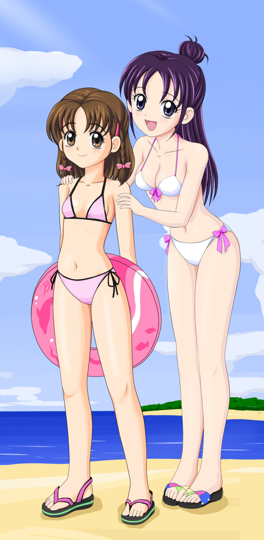 2girls, bikini, black_eyes, brown_eyes, brown_hair, futari_wa_precure_splash_star, hair_bun, half_updo, highres, hyuuga_minori, innertube, long_hair, mishou_mai, multiple_girls, precure, purple_hair, sandals, short_hair, swimsuit, zai_jian_kanchou