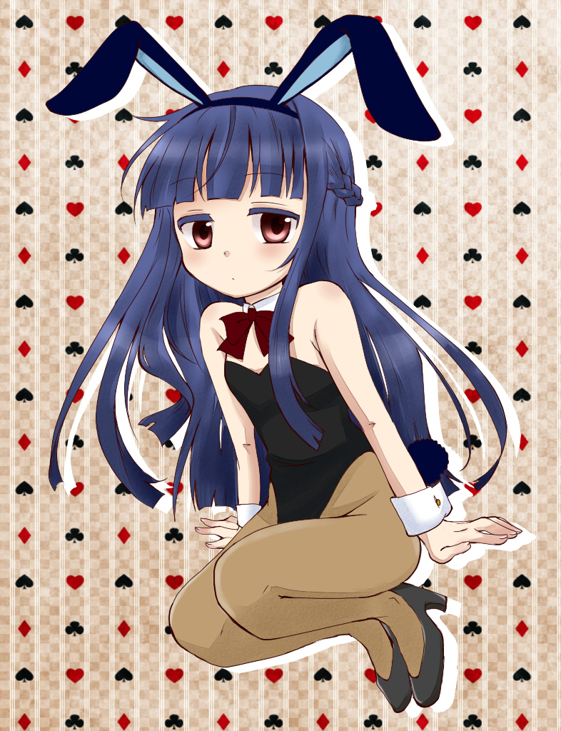 1girl, animal_ears, blue_hair, bowtie, brown_legwear, bunny_tail, bunnysuit, detached_collar