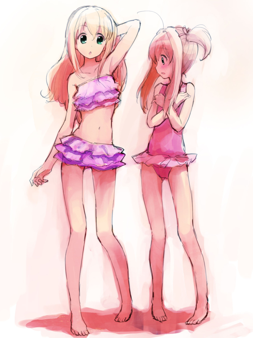 2girls, bikini, bikini_skirt, blonde_hair, brown_hair, casual_one-piece_swimsuit, frilled_bikini, frills