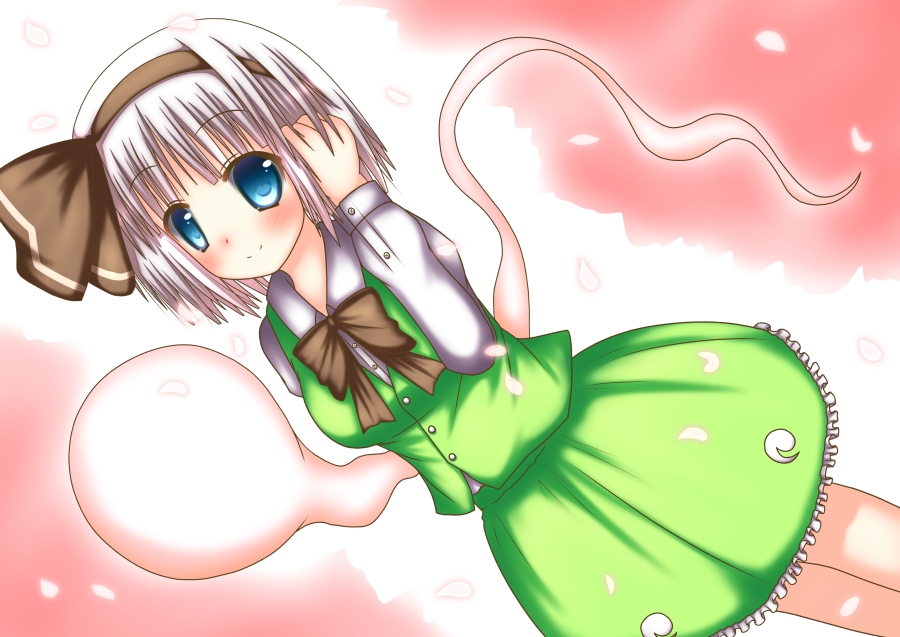 1girl, blue_eyes, blush, cherry_blossoms, dutch_angle, hairband, hand_on_head, hestia