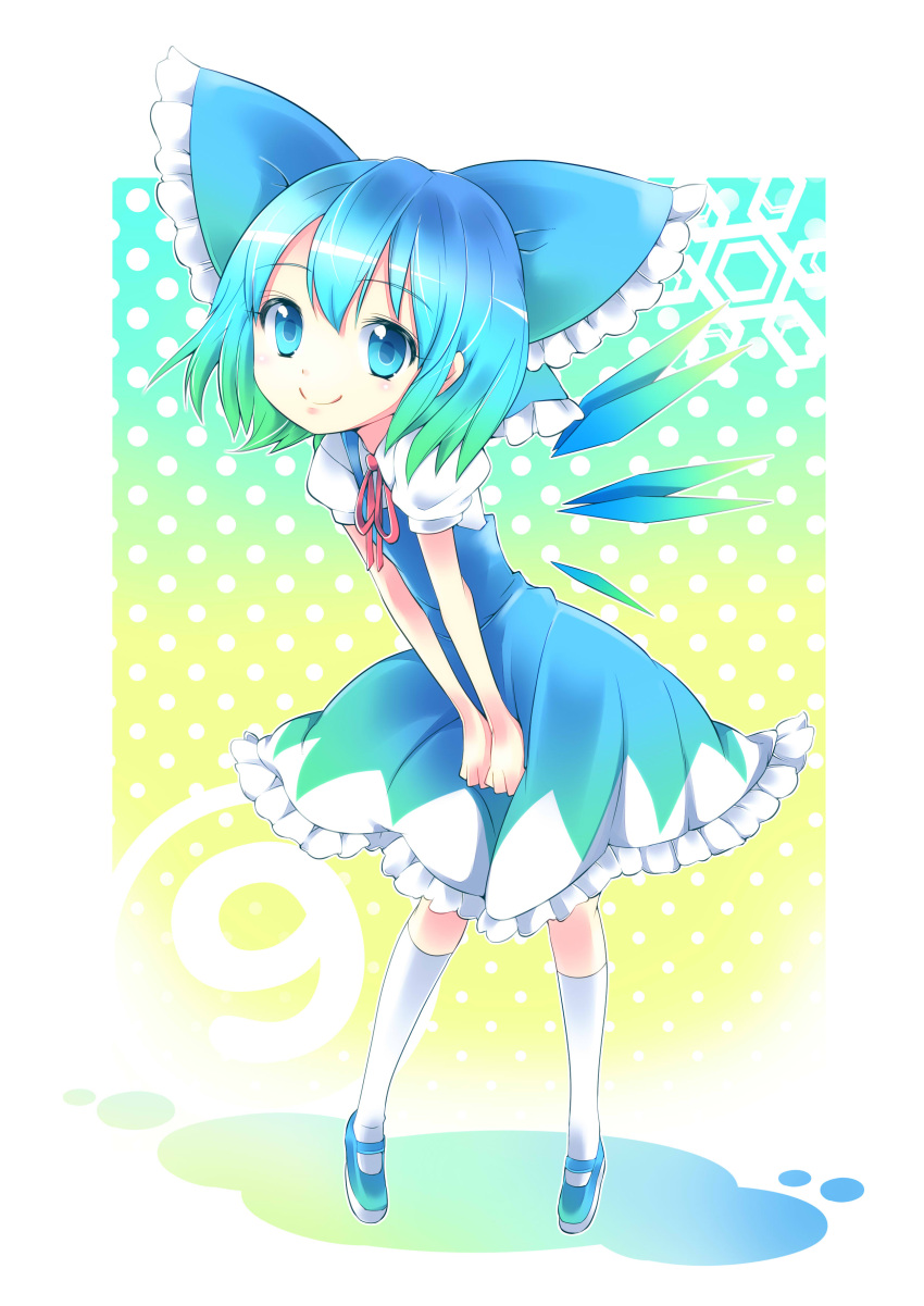 (9), 1girl, absurdres, blue_eyes, blue_hair, bow, cirno, dress