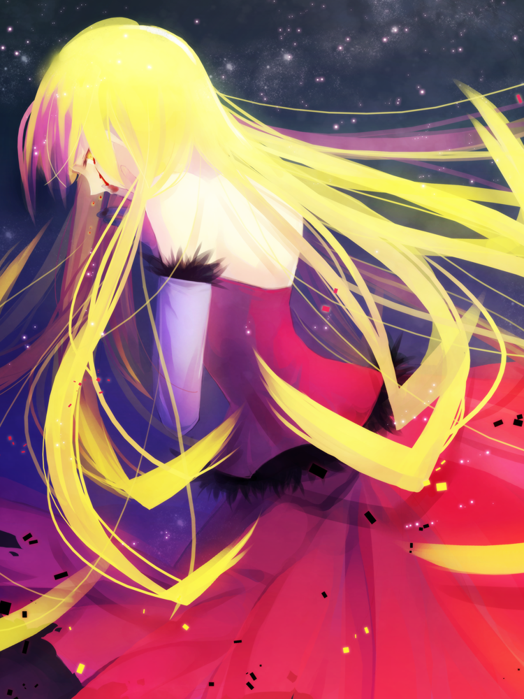 1girl, adult, blonde_hair, blood, dress, kabukimonogatari, kissshot_acerolaorion_heartunderblade, long_hair
