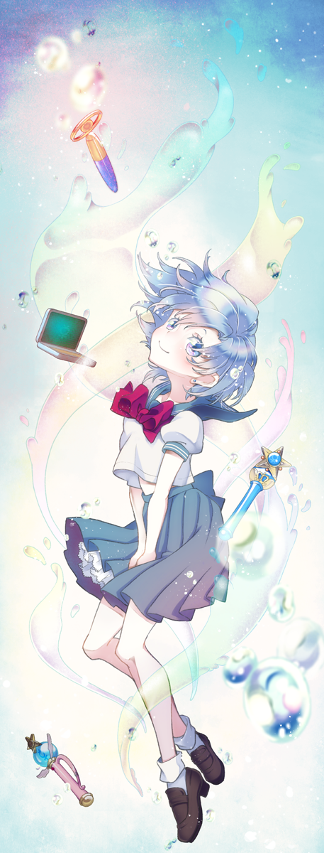 1girl, bishoujo_senshi_sailor_moon, blue_eyes, blue_hair, bow, highres, loafers, mercury_symbol
