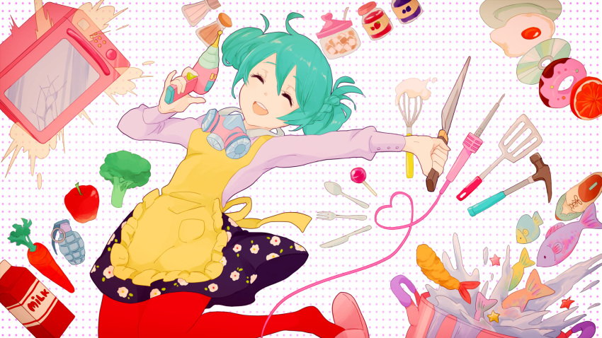 1girl, ahoge, apple, apron, broccoli, candy, carrot, closed_eyes