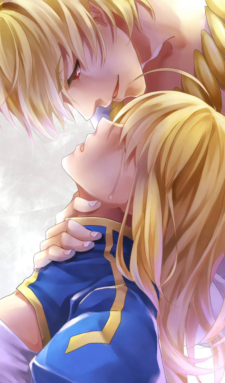 1boy, 1girl, ahoge, blonde_hair, fate/zero, fate_(series), gilgamesh, ha84no