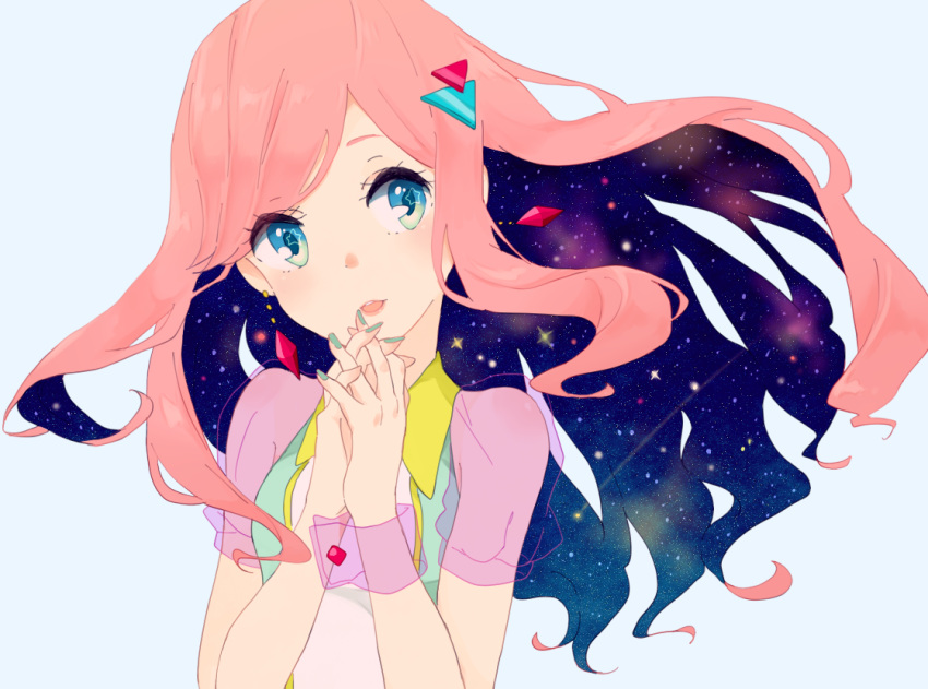 1girl, blue_eyes, earrings, hair_ornament, jewelry, kise_(swimmt), long_hair, open_mouth, original, pink_hair, solo, space, star, star-shaped_pupils, symbol-shaped_pupils