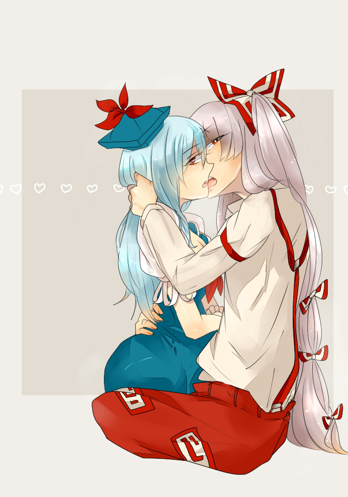 2girls, blue_hair, couple, fujiwara_no_mokou, grey_background, hair_ribbon, hat, kamishirasawa_keine