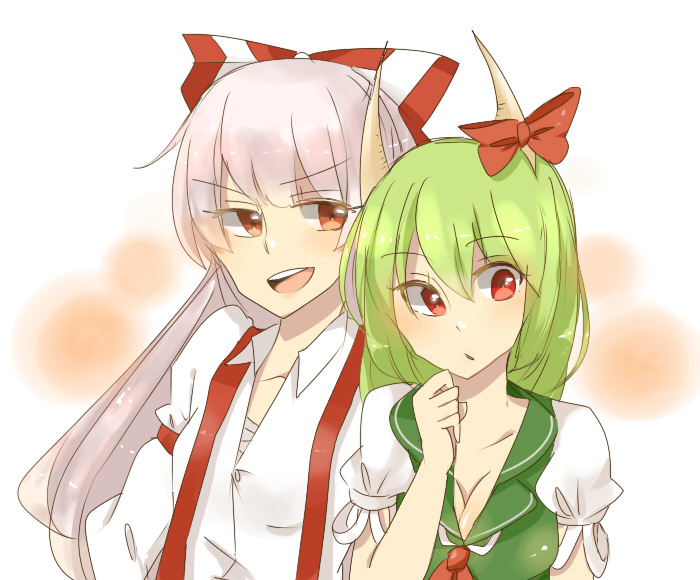 2girls, fujiwara_no_mokou, green_hair, hair_ribbon, horn_ribbon, horns, kamishirasawa_keine, multiple_girls