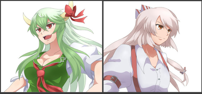 2girls, border, buckle, ex-keine, fangs, fujiwara_no_mokou, green_hair, hakutakuanta