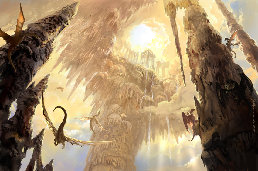 clouds, column, dragon, glowing, glowing_eyes, mugon, no_humans, original
