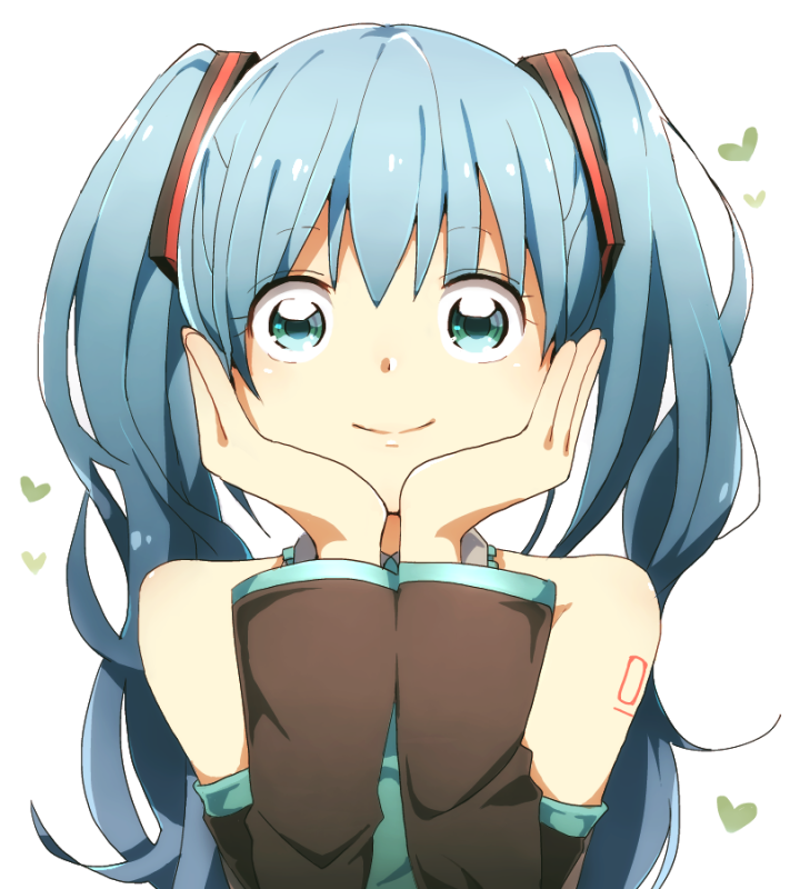 1girl, aqua_eyes, aqua_hair, chin_rest, detached_sleeves, hatsune_miku, long_hair, smile, solo, soyaka, twintails, vocaloid, white_background