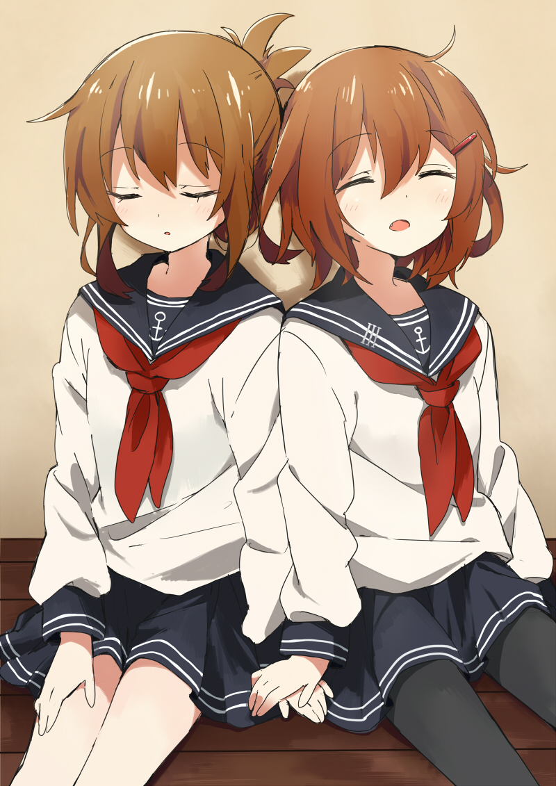 2girls, anchor, blush, brown_hair, closed_eyes, fang, hair_ornament, hairclip