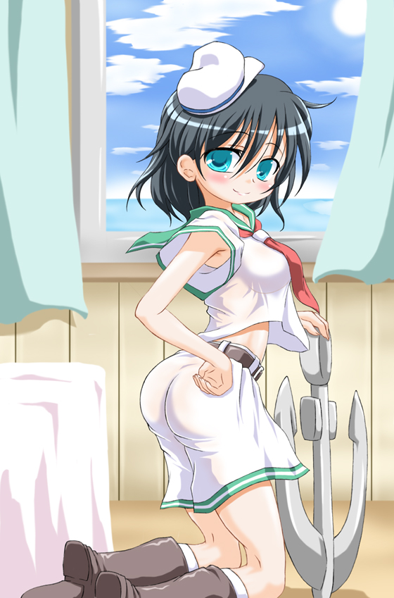 ass, black_hair, blue_eyes, boots, breasts, hat, inasaki_shirau, kneeling